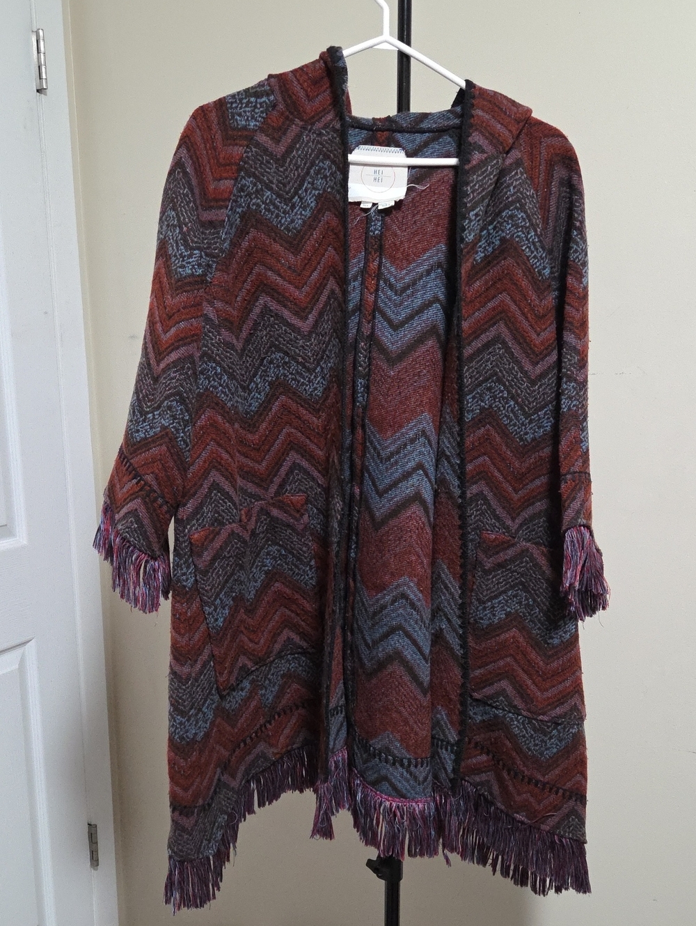 HeiHei Open-Front Hooded Chevron Fringed Cardigan - Rust & Slate